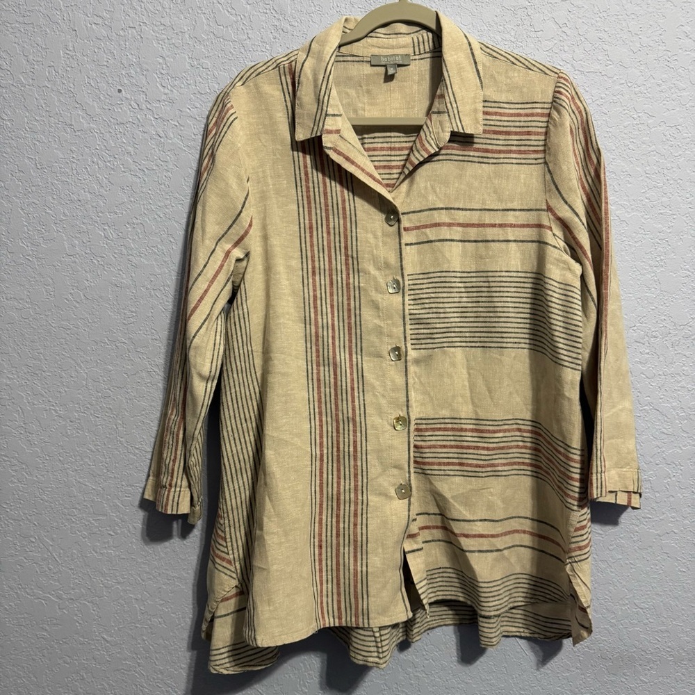 Habitat Women’s Linen Cotton Blend Button Up Lagenlook Striped Tunic Top